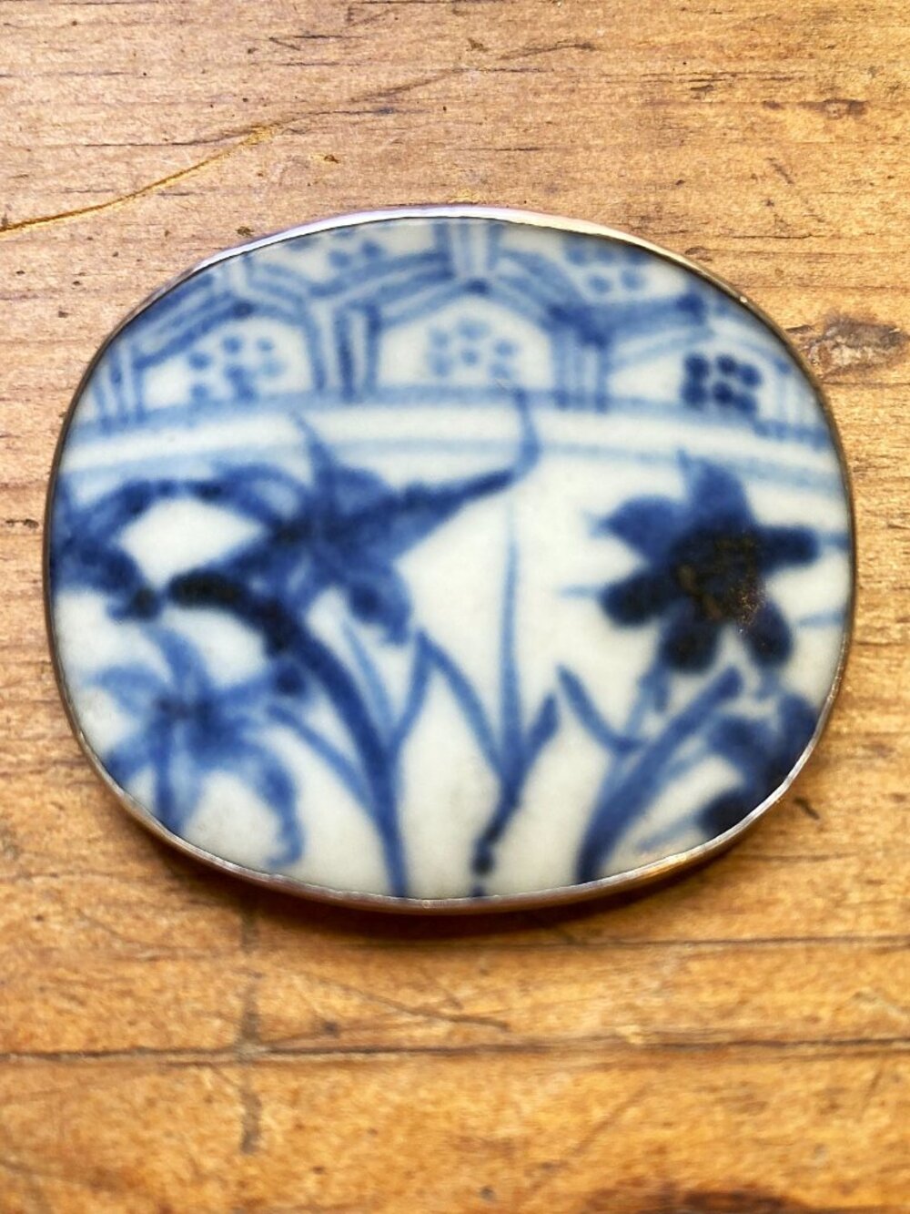 Silver antique Chinese porcelain shard brooch